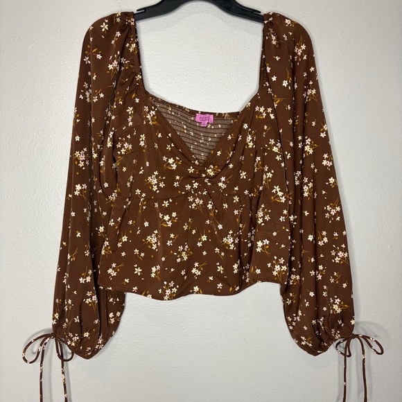 miami Tops - Mi Ami Francesca Crop Blouse Large Brown Floral Boho Smocked Cottagecore Prairie